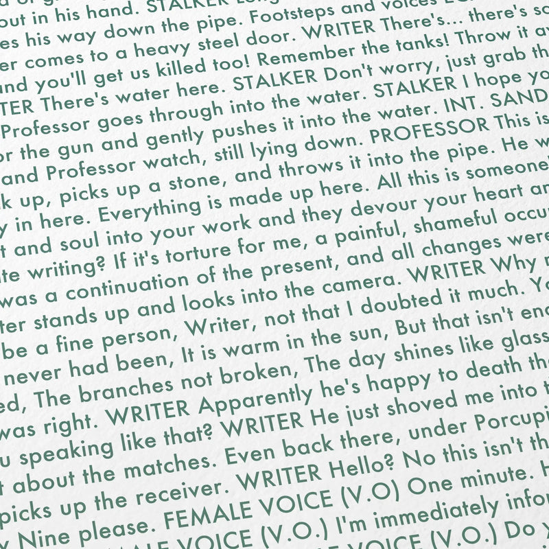Close-up detail of the Stalker movie script poster showing dense typographic text.