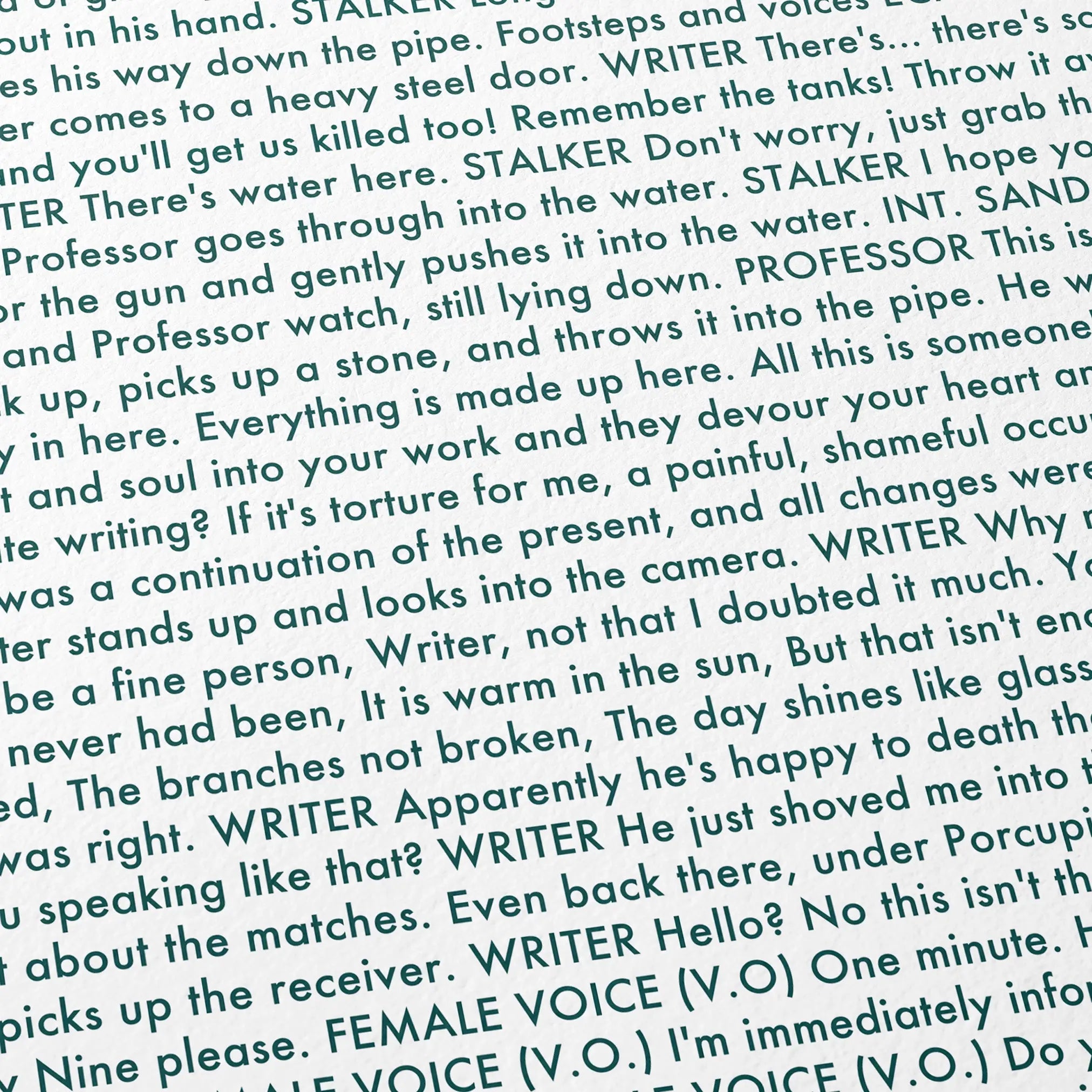 Close-up detail of the Stalker movie script poster showing dense typographic text.