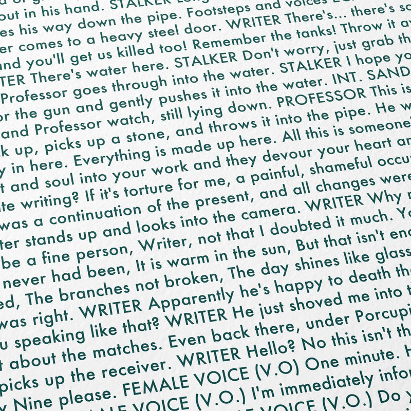 Close-up detail of the Stalker movie script poster showing dense typographic text.