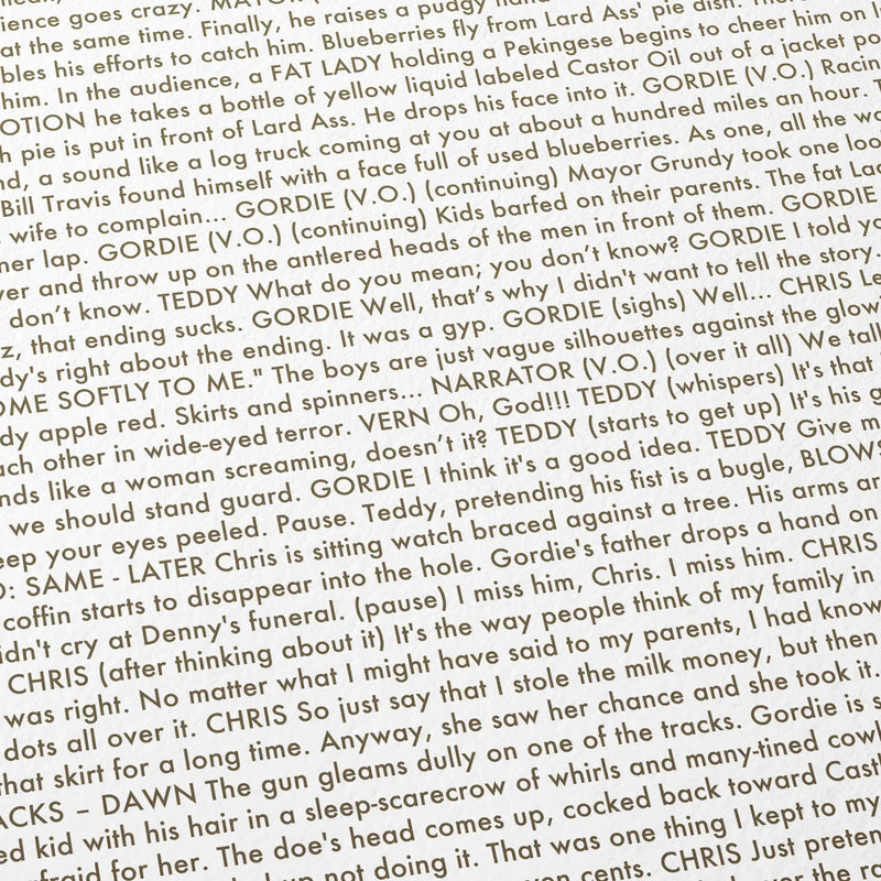 Close-up detail of the Stand by Me movie script poster showing dense typographic text.