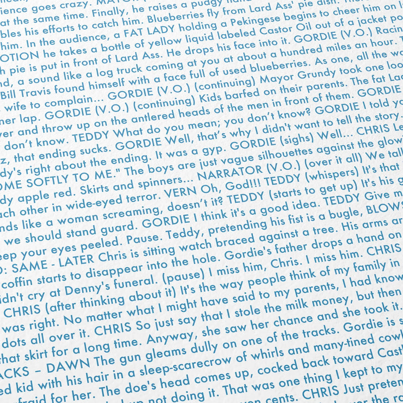 Close-up detail of the Stand by Me movie script poster showing dense typographic text.