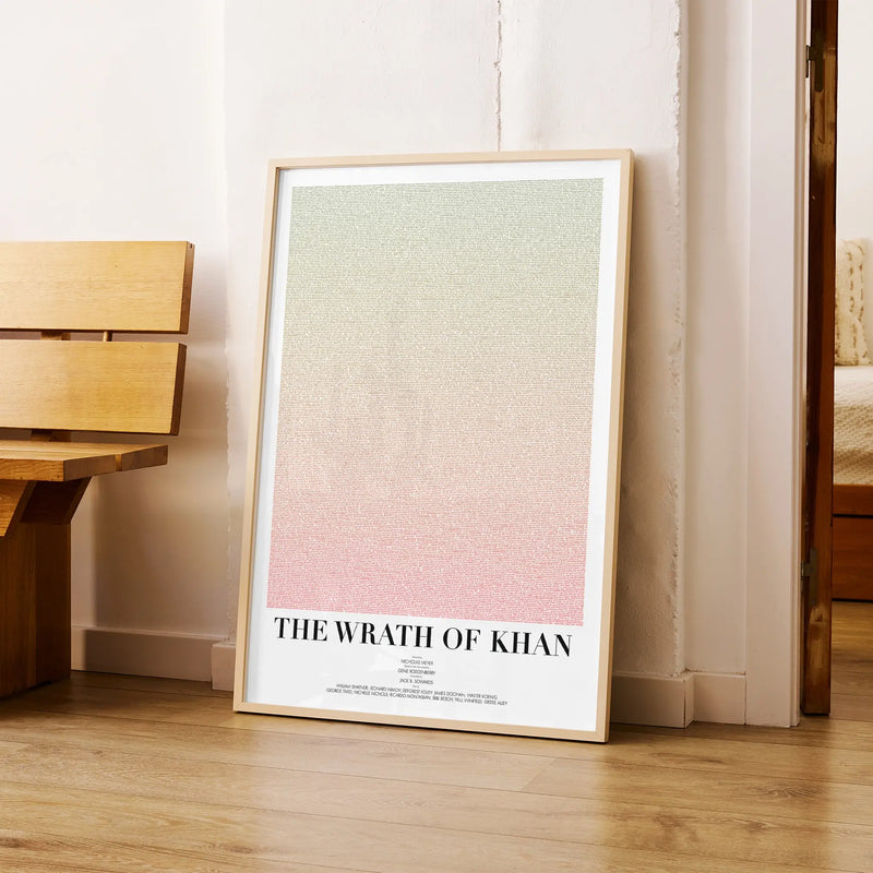 A framed Star Trek II: The Wrath of Khan movie script poster arranged in a minimalist interior setting.