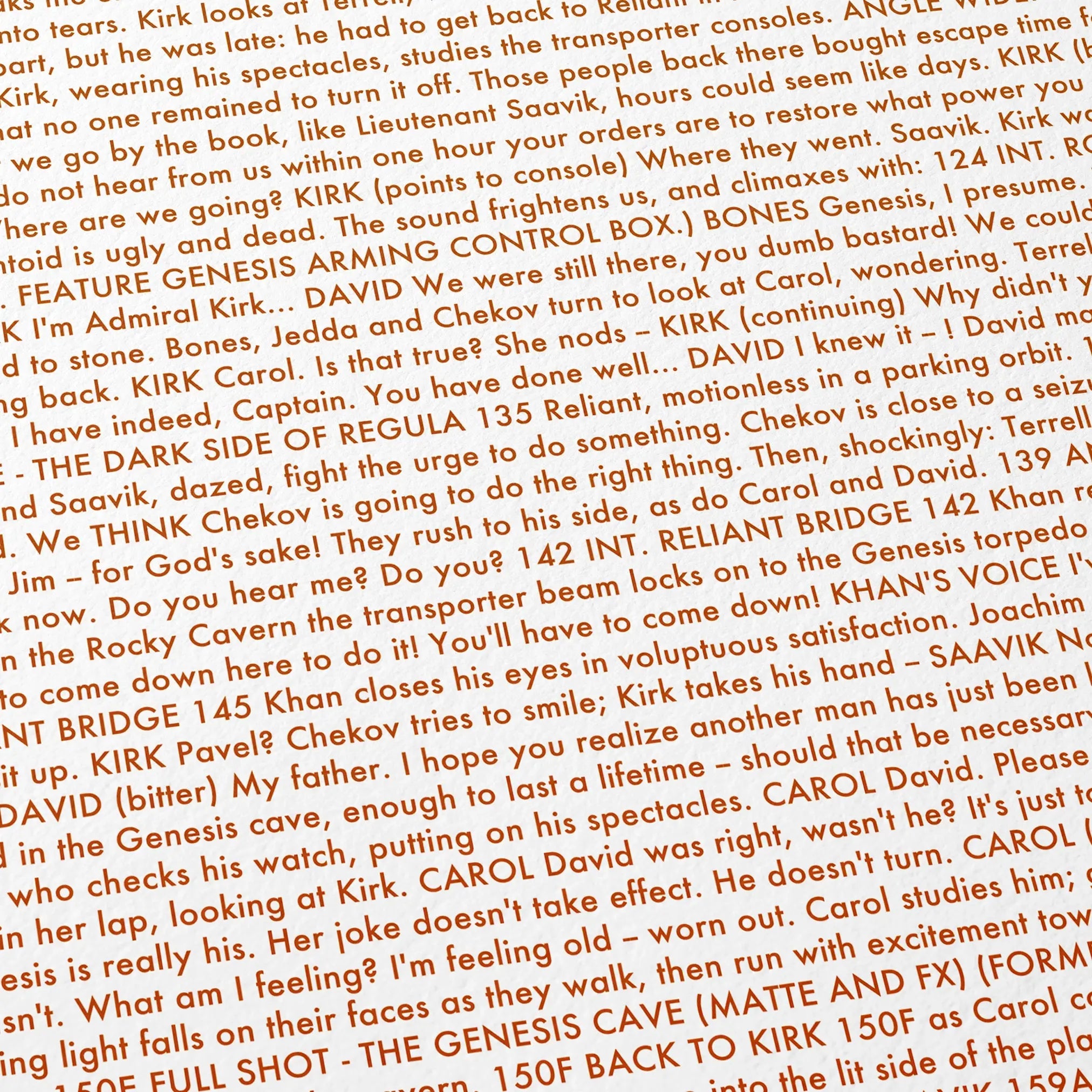 Close-up detail of the Star Trek II: The Wrath of Khan movie script poster showing dense typographic text.