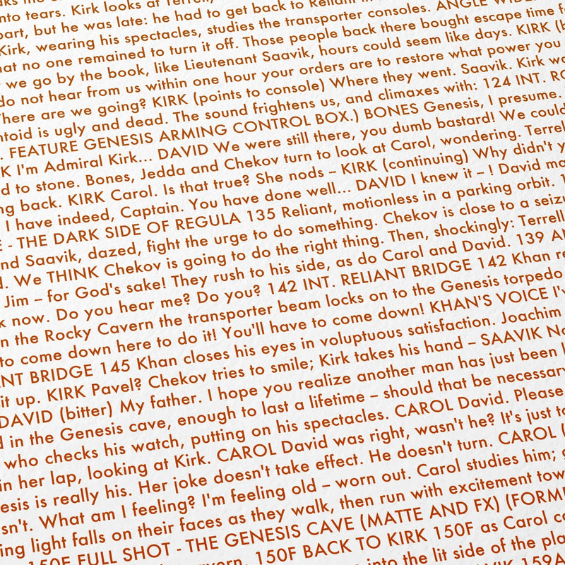 Close-up detail of the Star Trek II: The Wrath of Khan movie script poster showing dense typographic text.