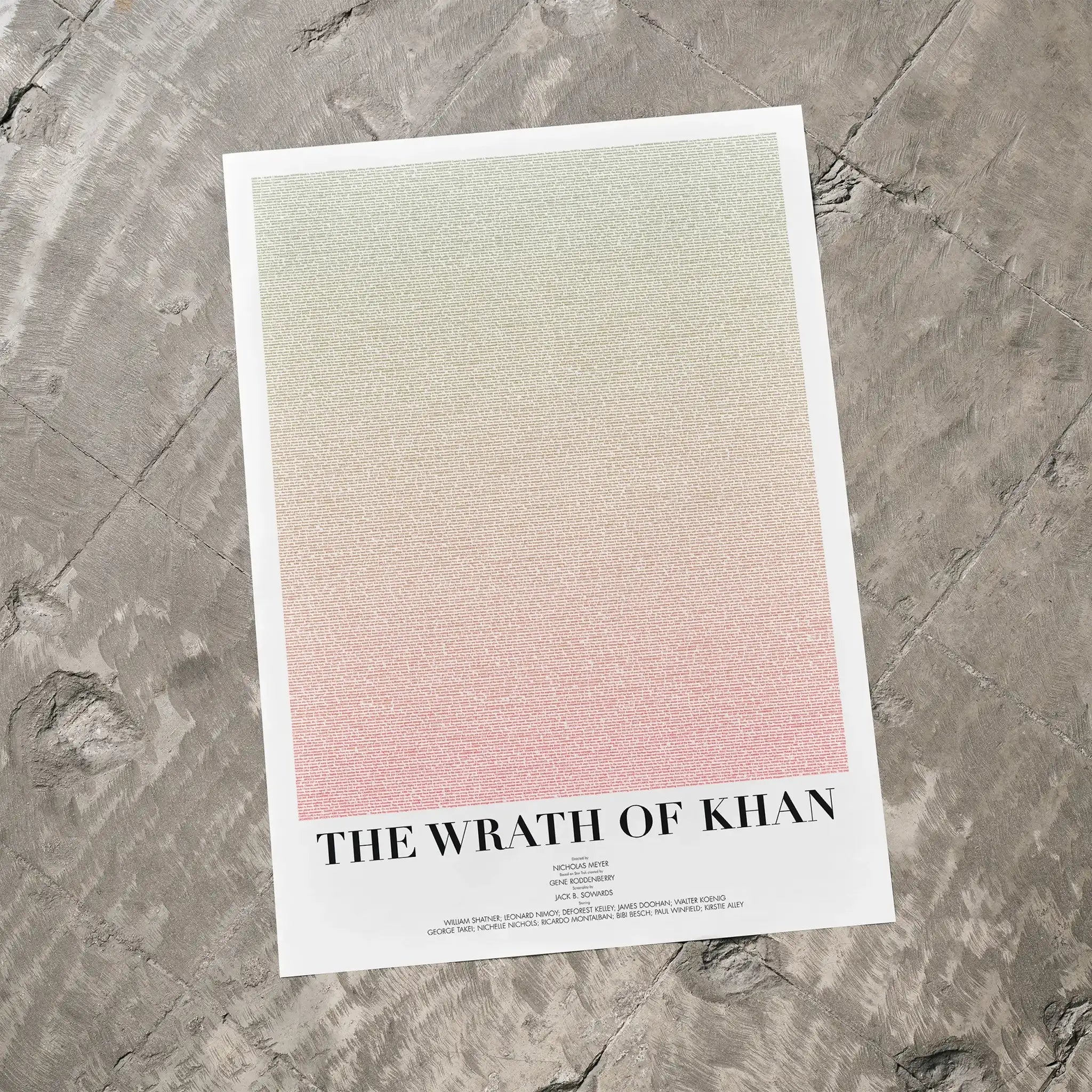 A Star Trek II: The Wrath of Khan movie script poster laid flat on a textured floor surface.