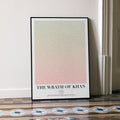 A framed Star Trek II: The Wrath of Khan movie script poster leaning against a wall in a minimalist interior.