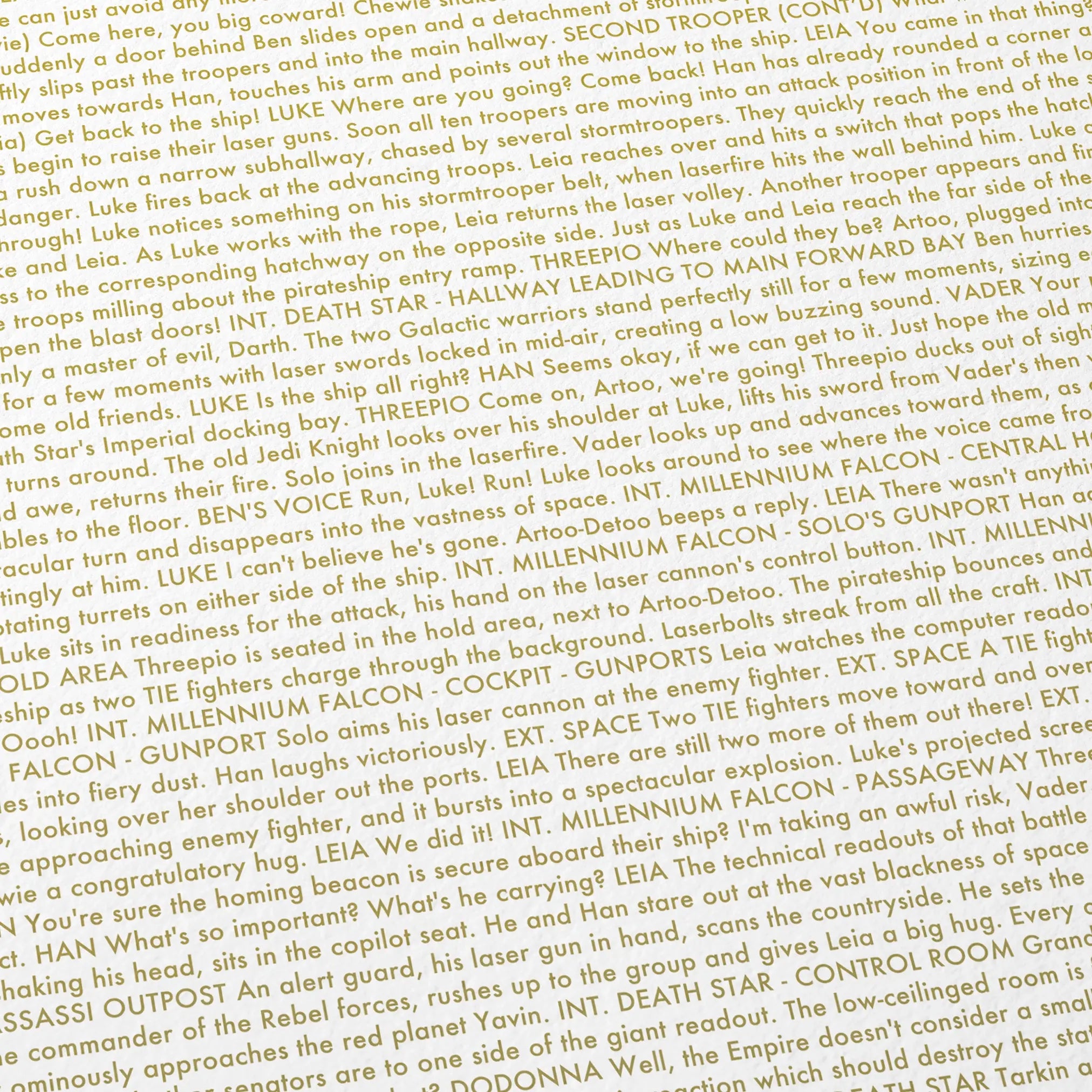 Close-up detail of the Star Wars: A New Hope movie script poster showing dense typographic text.