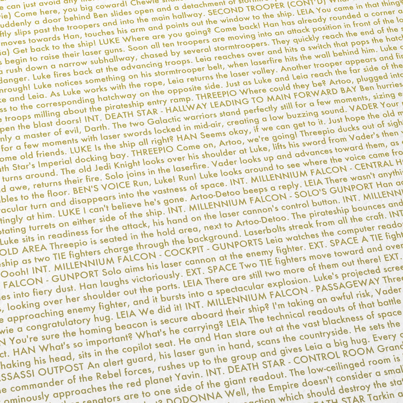 Close-up detail of the Star Wars: A New Hope movie script poster showing dense typographic text.