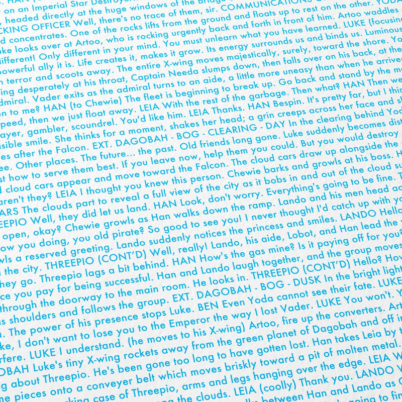 Close-up detail of the Star Wars: The Empire Strikes Back movie script poster showing dense typographic text.