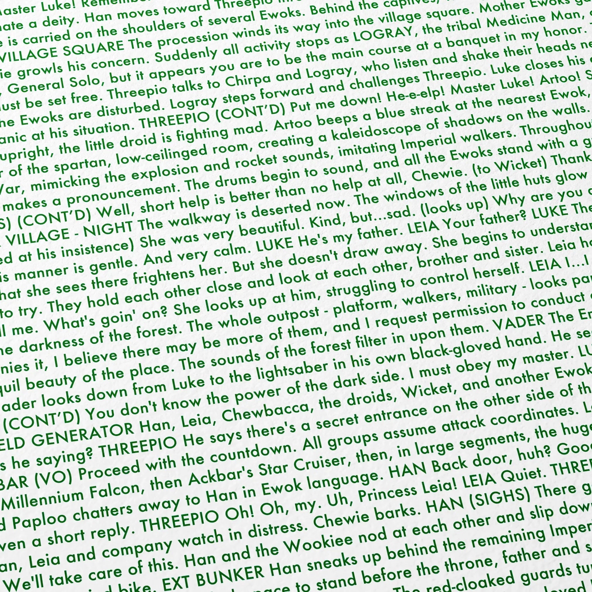 Close-up detail of the Star Wars: Return of the Jedi movie script poster showing dense typographic text.
