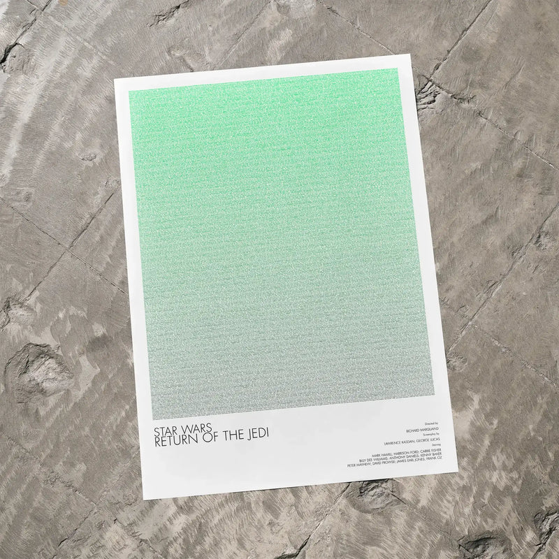 A Star Wars: Return of the Jedi movie script poster laid flat on a textured floor surface.