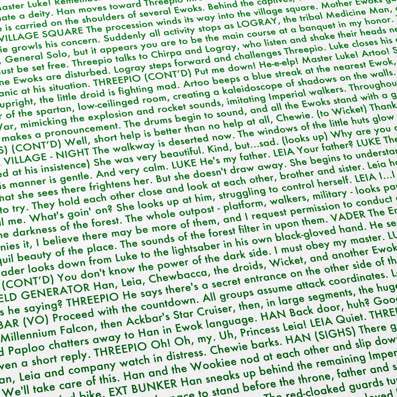 Close-up detail of the Star Wars: Return of the Jedi movie script poster showing dense typographic text.