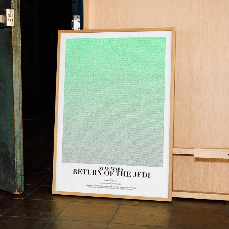 A framed Star Wars: Return of the Jedi movie script poster displayed in a contemporary interior setting.
