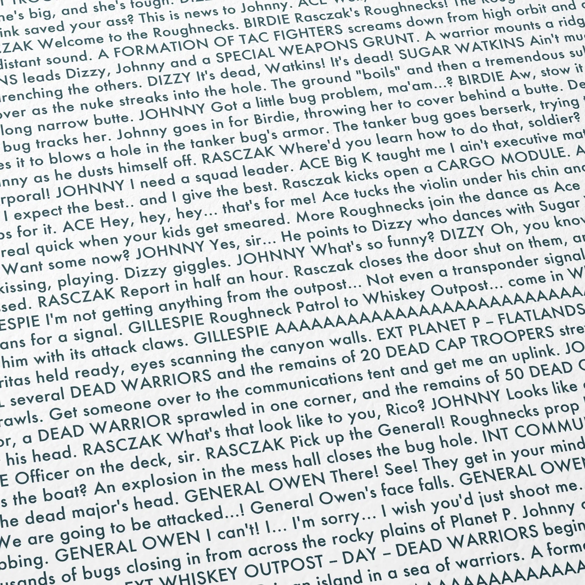 Close-up detail of the Starship Troopers movie script poster showing dense typographic text.
