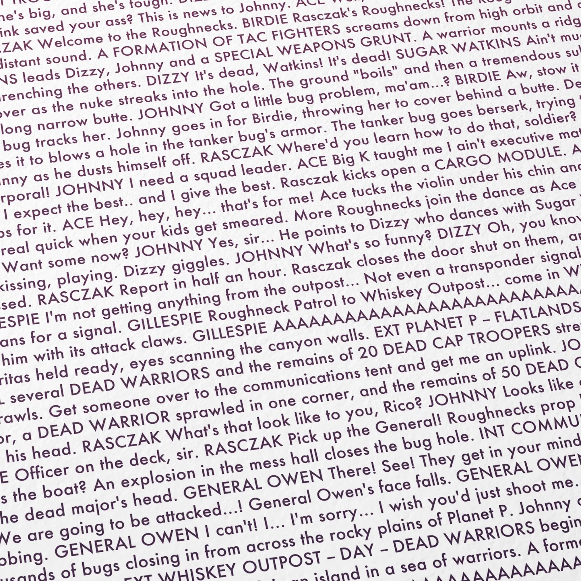 Close-up detail of the Starship Troopers movie script poster showing dense typographic text.