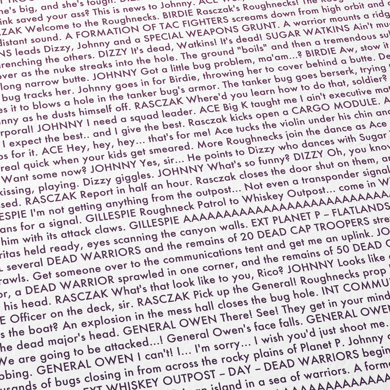 Close-up detail of the Starship Troopers movie script poster showing dense typographic text.