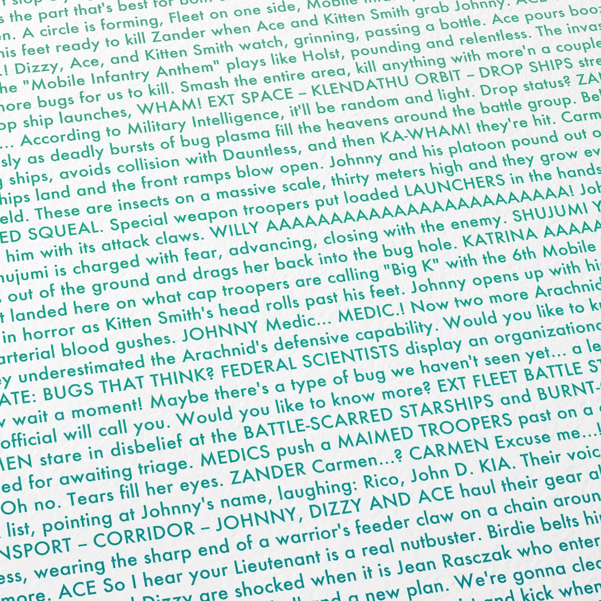 Close-up detail of the Starship Troopers movie script poster showing dense typographic text.