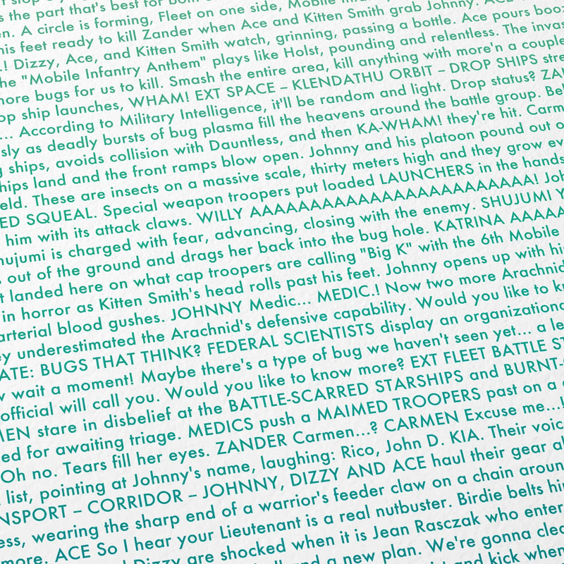Close-up detail of the Starship Troopers movie script poster showing dense typographic text.