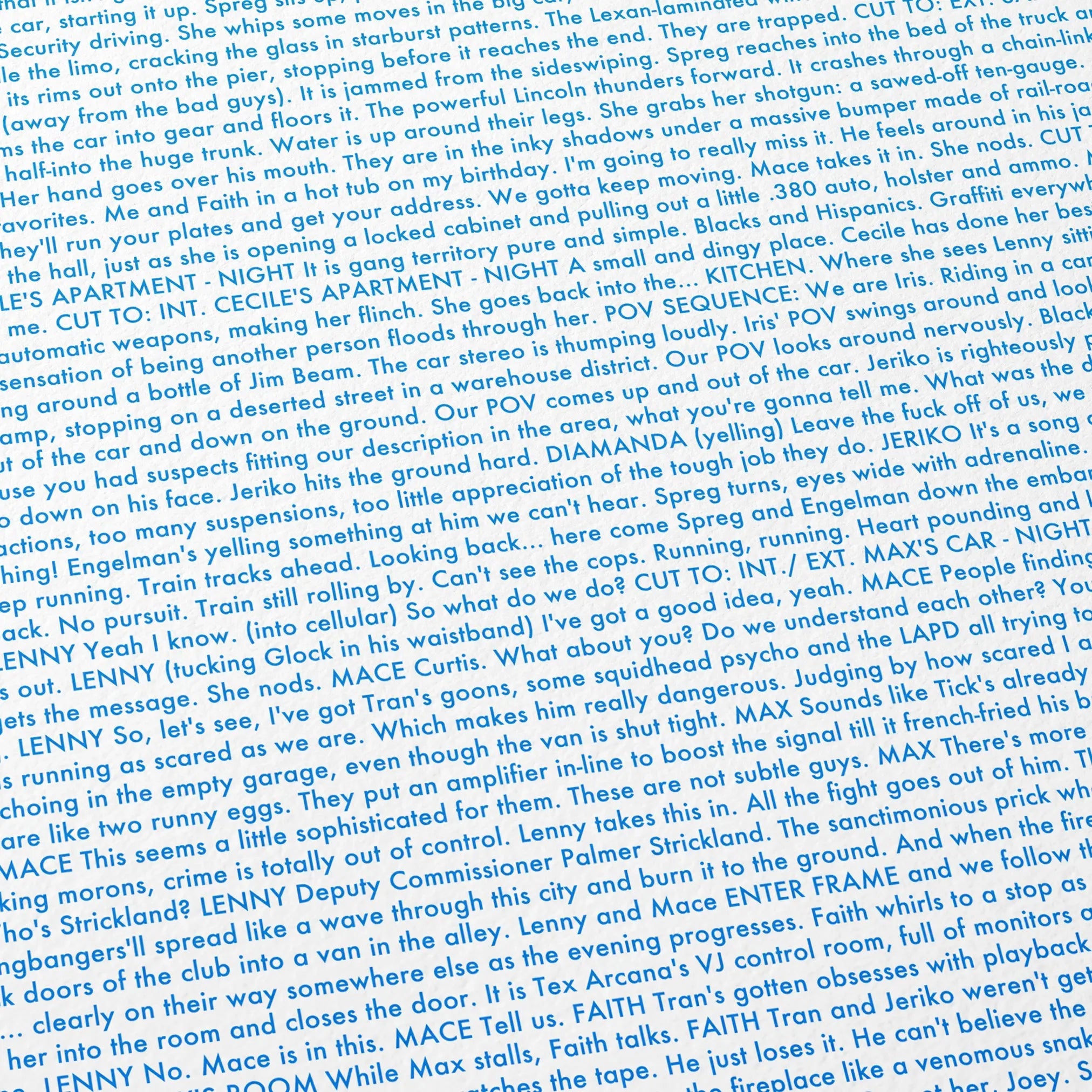 Close-up detail of the Strange Days movie script poster showing dense typographic text.