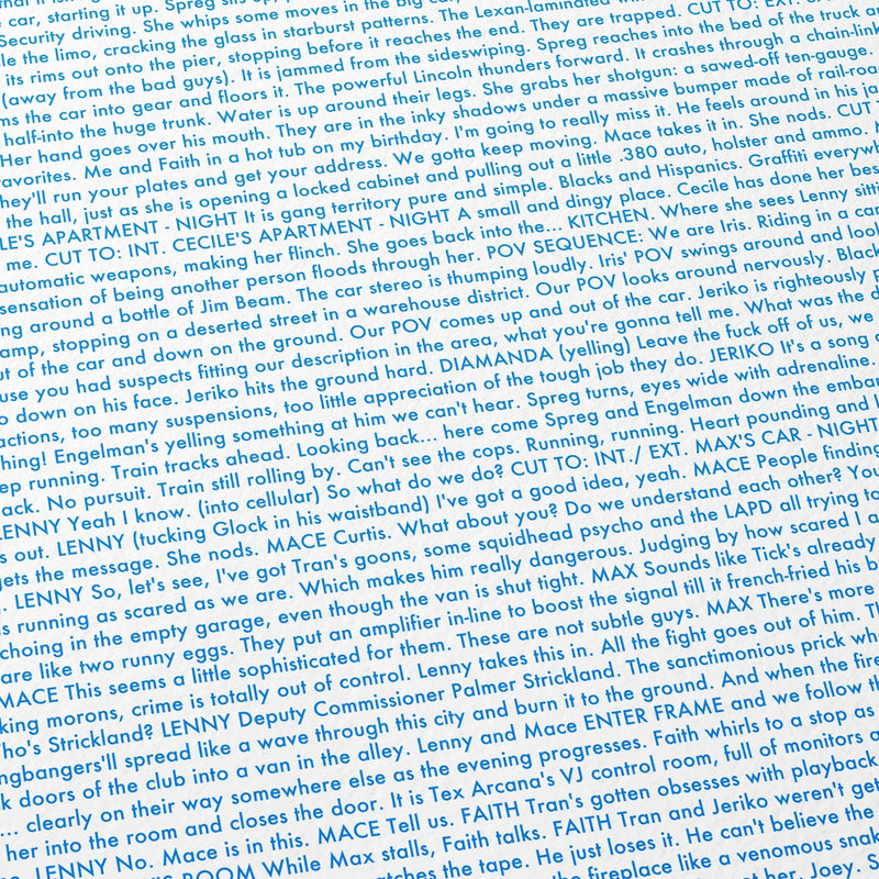 Close-up detail of the Strange Days movie script poster showing dense typographic text.