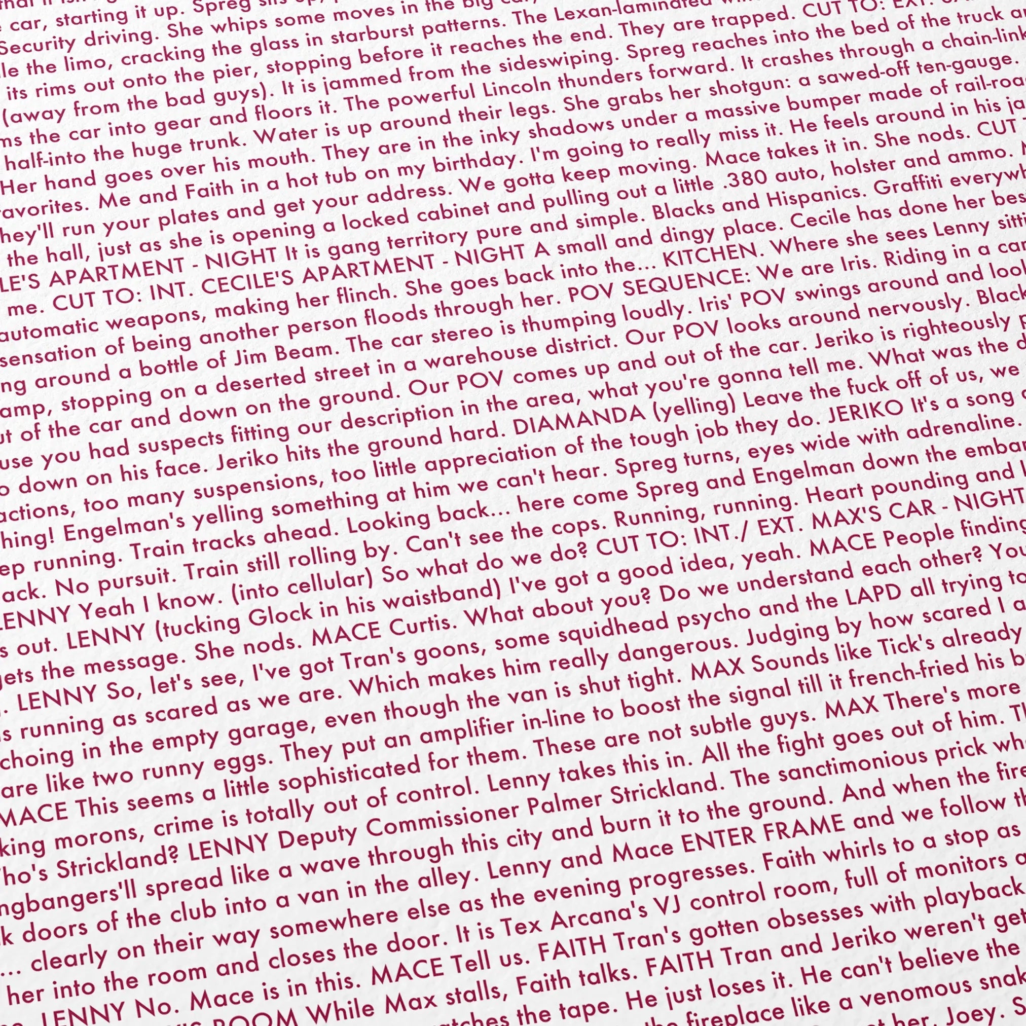 Close-up detail of the Strange Days movie script poster showing dense typographic text.
