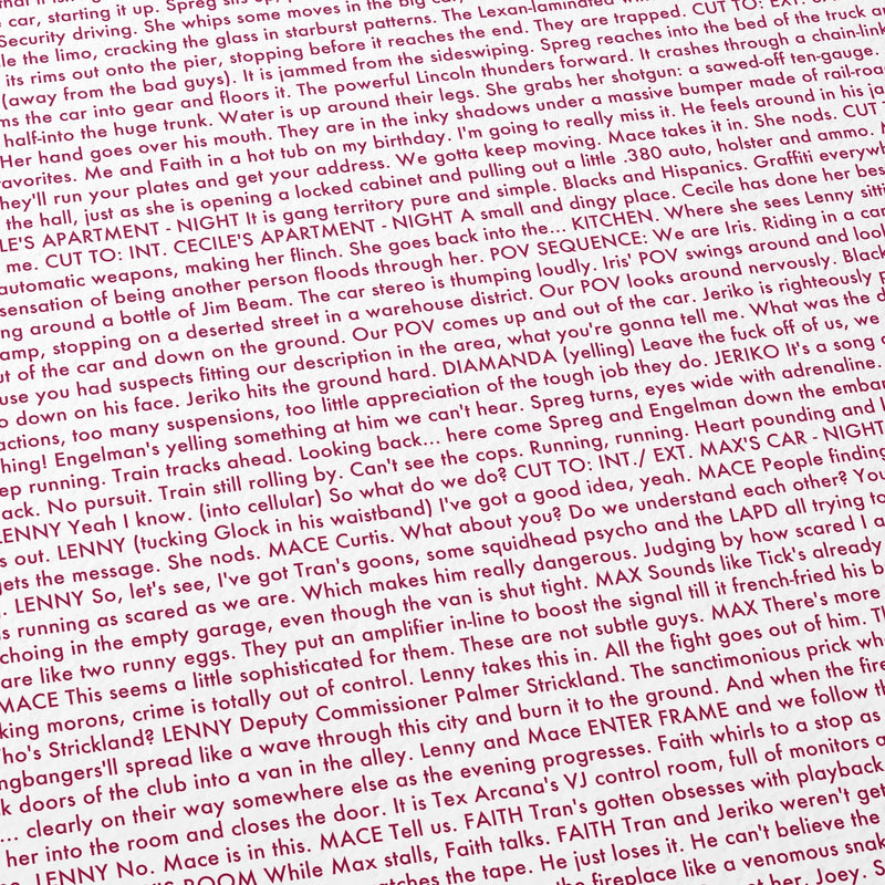 Close-up detail of the Strange Days movie script poster showing dense typographic text.