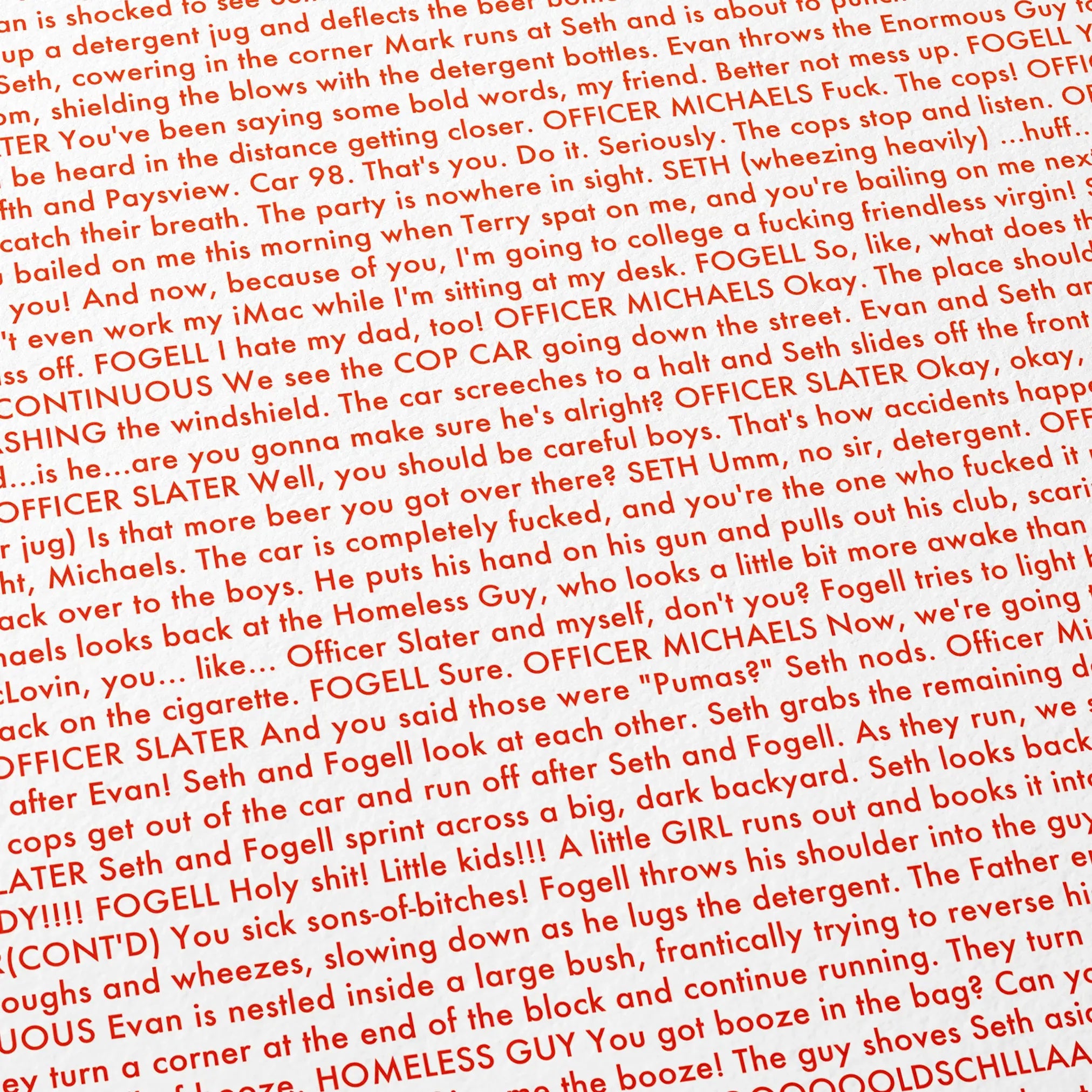 Close-up detail of the Superbad movie script poster showing dense typographic text.