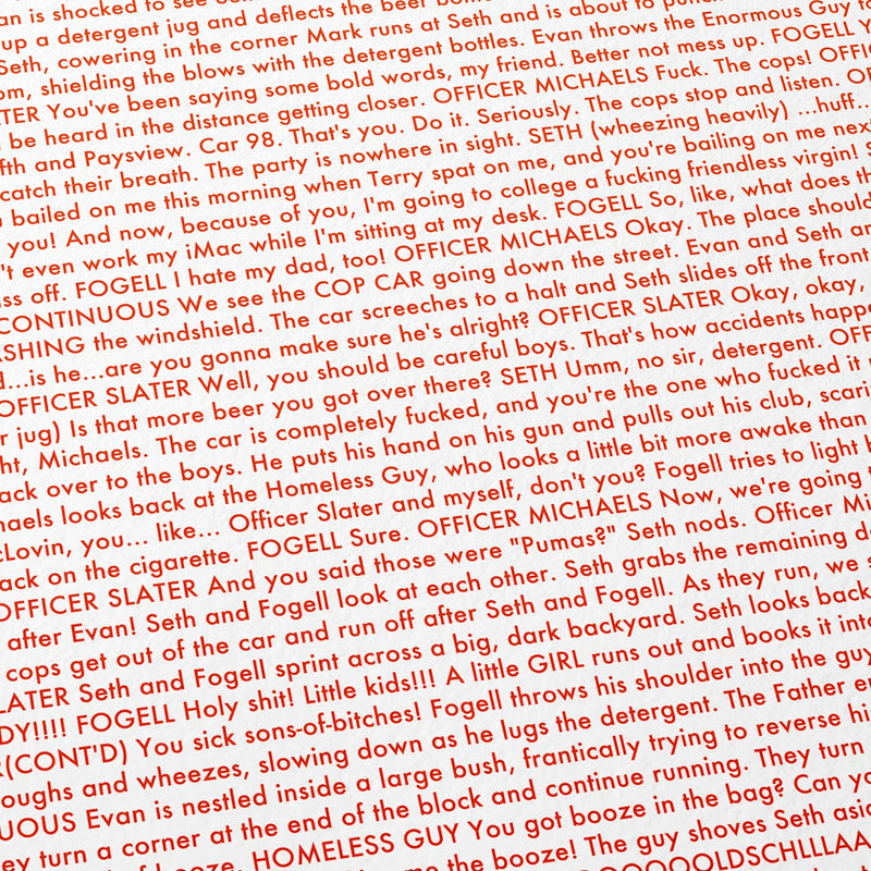 Close-up detail of the Superbad movie script poster showing dense typographic text.