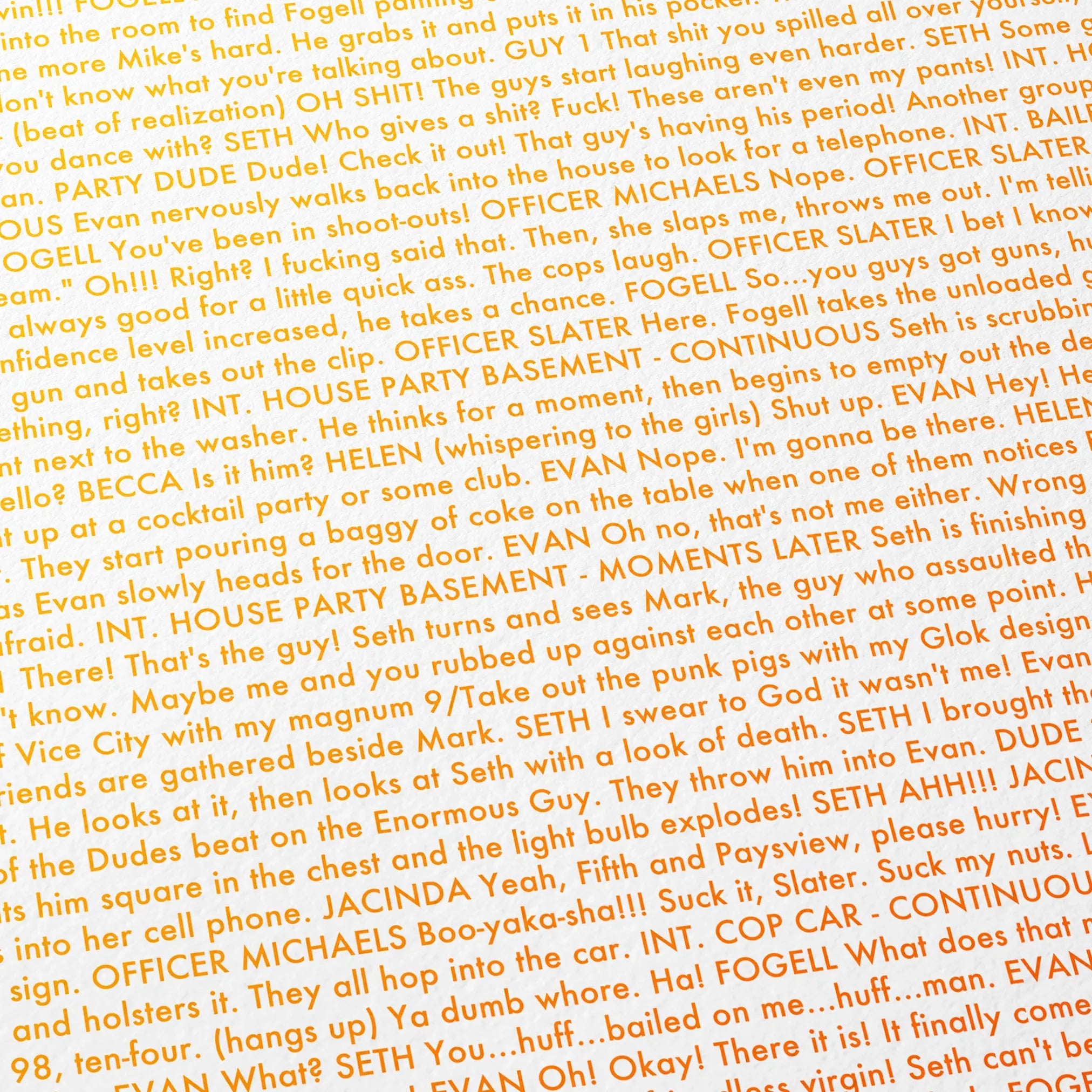 Close-up detail of the Superbad movie script poster showing dense typographic text.