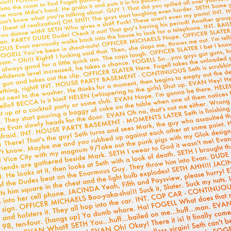 Close-up detail of the Superbad movie script poster showing dense typographic text.