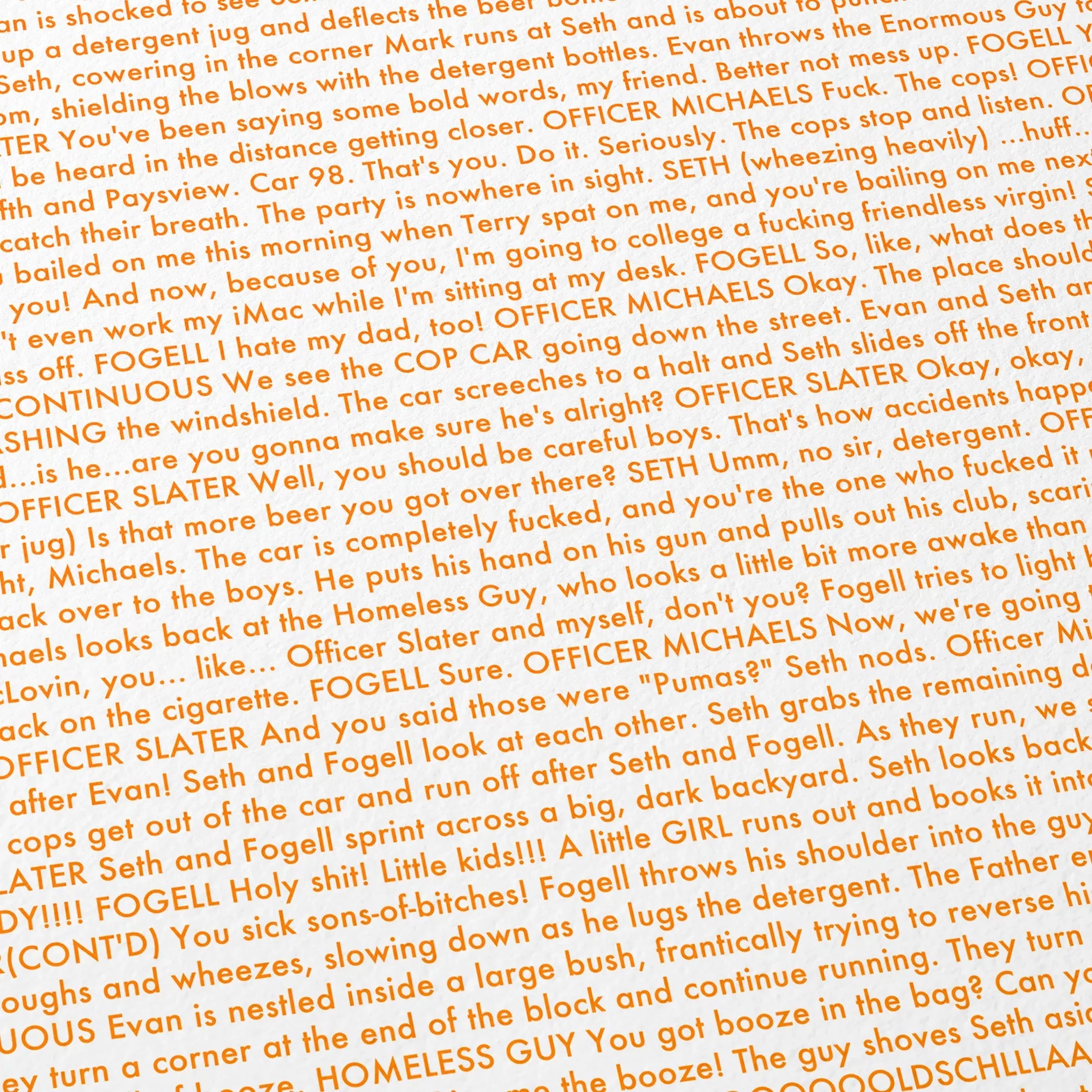 Close-up detail of the Superbad movie script poster showing dense typographic text.