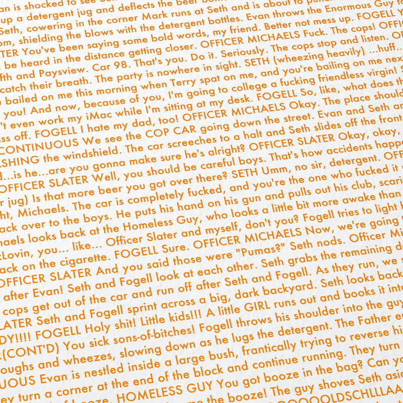 Close-up detail of the Superbad movie script poster showing dense typographic text.