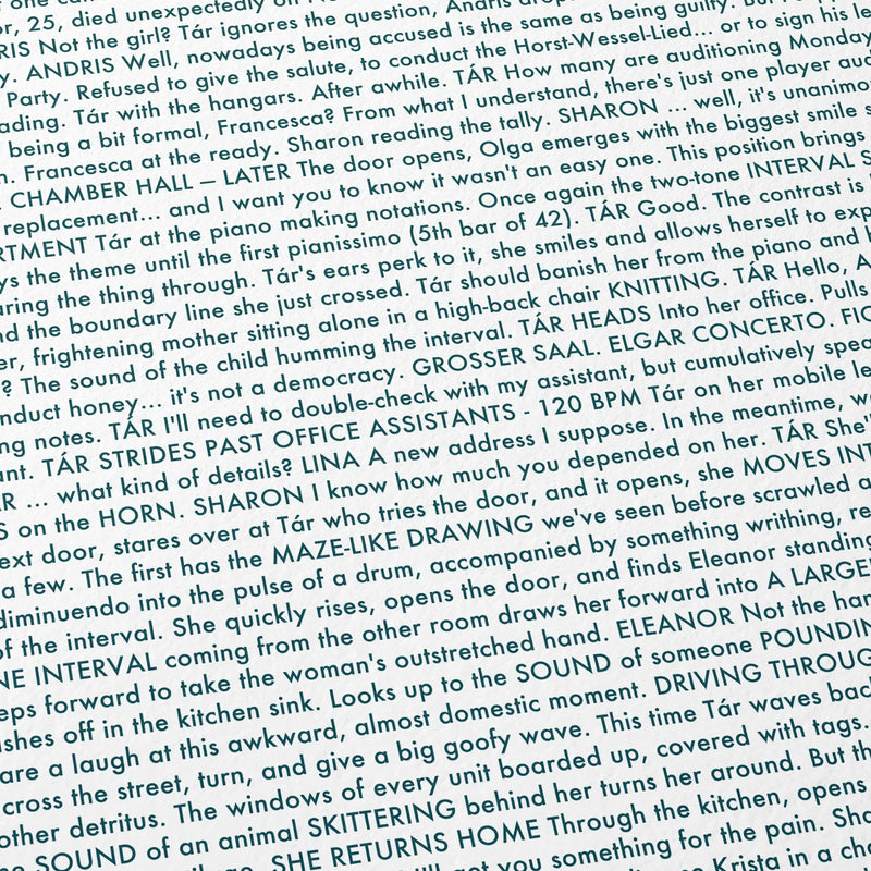 Close-up detail of the Tár movie script poster showing dense typographic text.