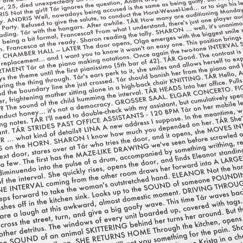 Close-up detail of the Tár movie script poster showing dense typographic text.