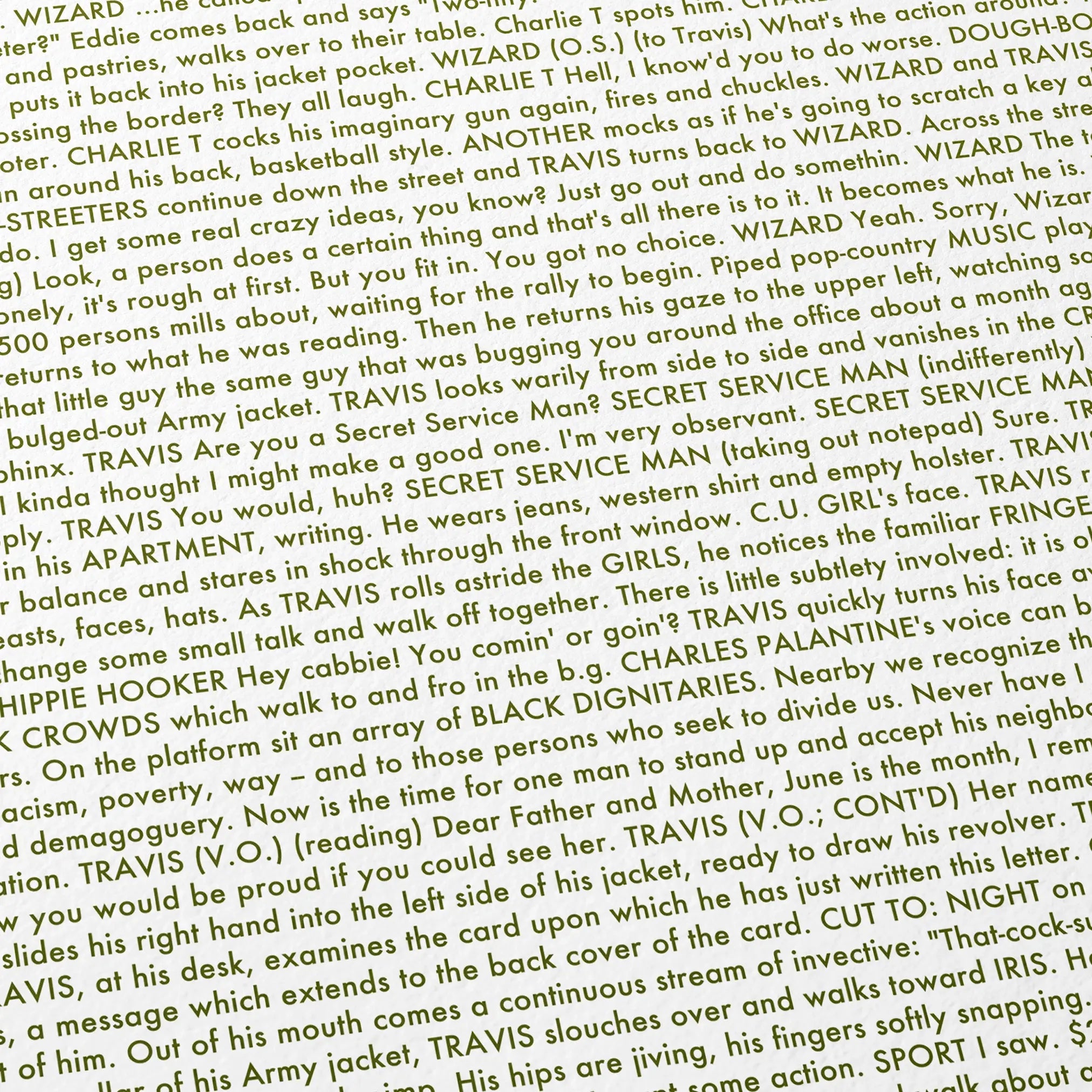 Close-up detail of the Taxi Driver movie script poster showing dense typographic text.