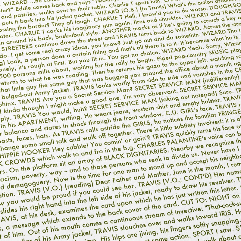Close-up detail of the Taxi Driver movie script poster showing dense typographic text.