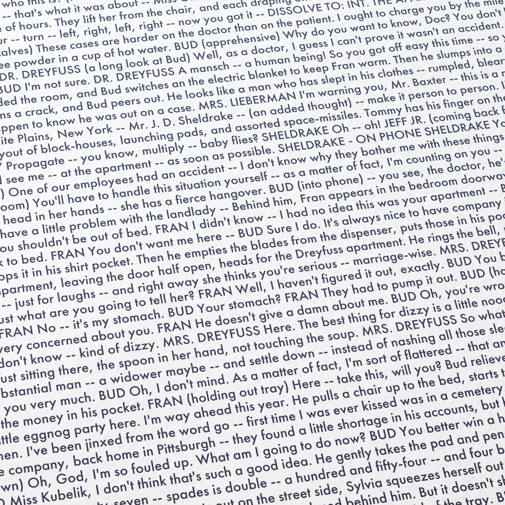 Close-up detail of the The Apartment movie script poster showing dense typographic text.