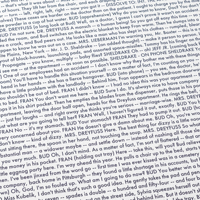 Close-up detail of the The Apartment movie script poster showing dense typographic text.