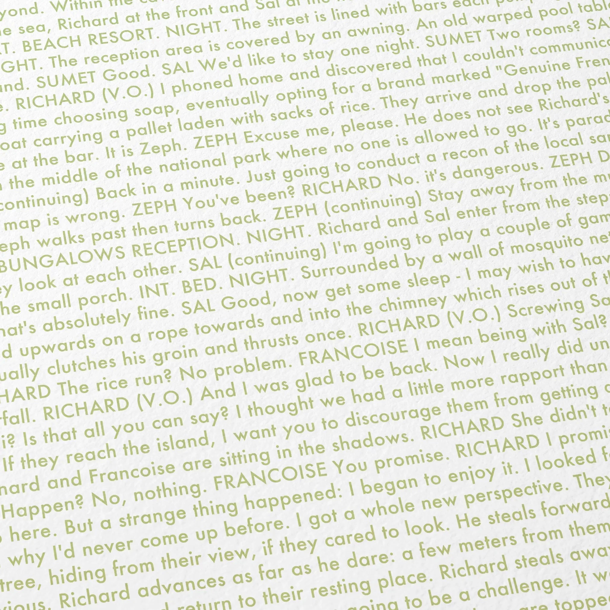 Close-up detail of the The Beach movie script poster showing dense typographic text.