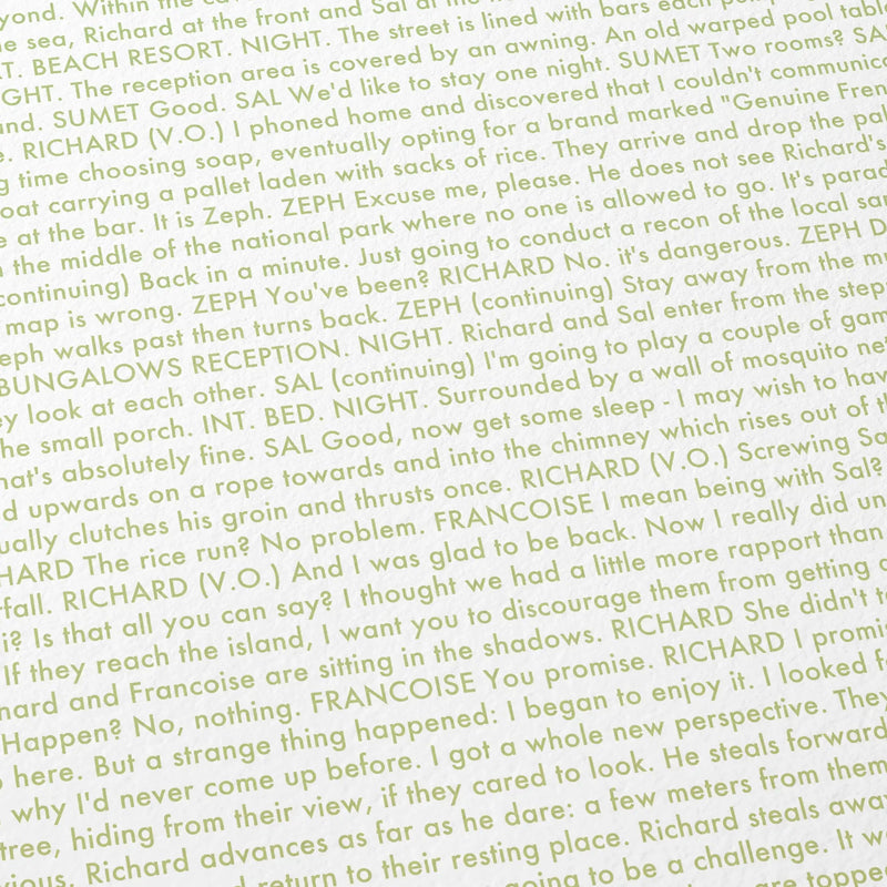 Close-up detail of the The Beach movie script poster showing dense typographic text.