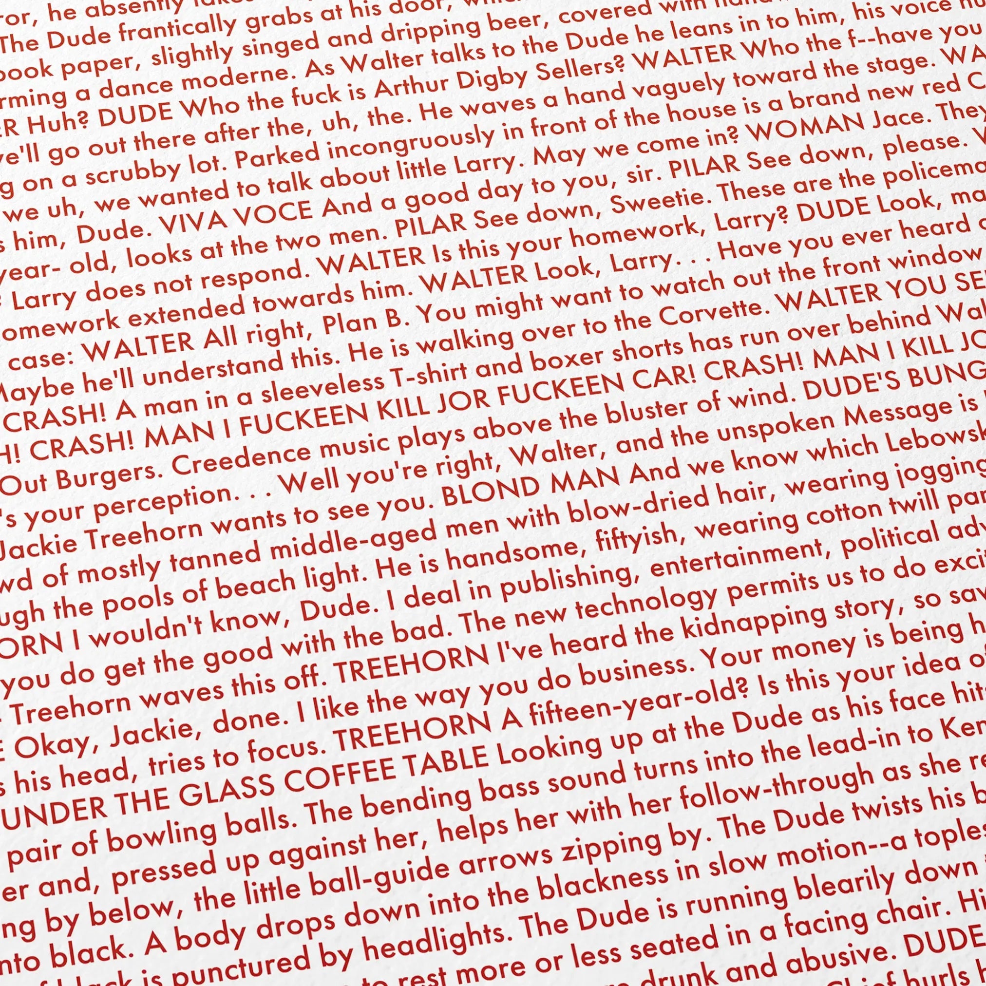 Close-up detail of the The Big Lebowski movie script poster showing dense typographic text.