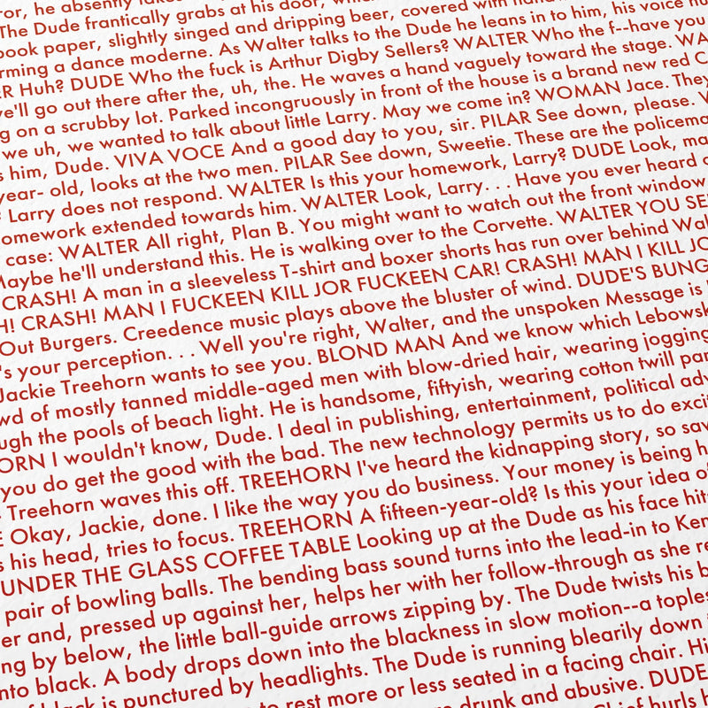 Close-up detail of the The Big Lebowski movie script poster showing dense typographic text.
