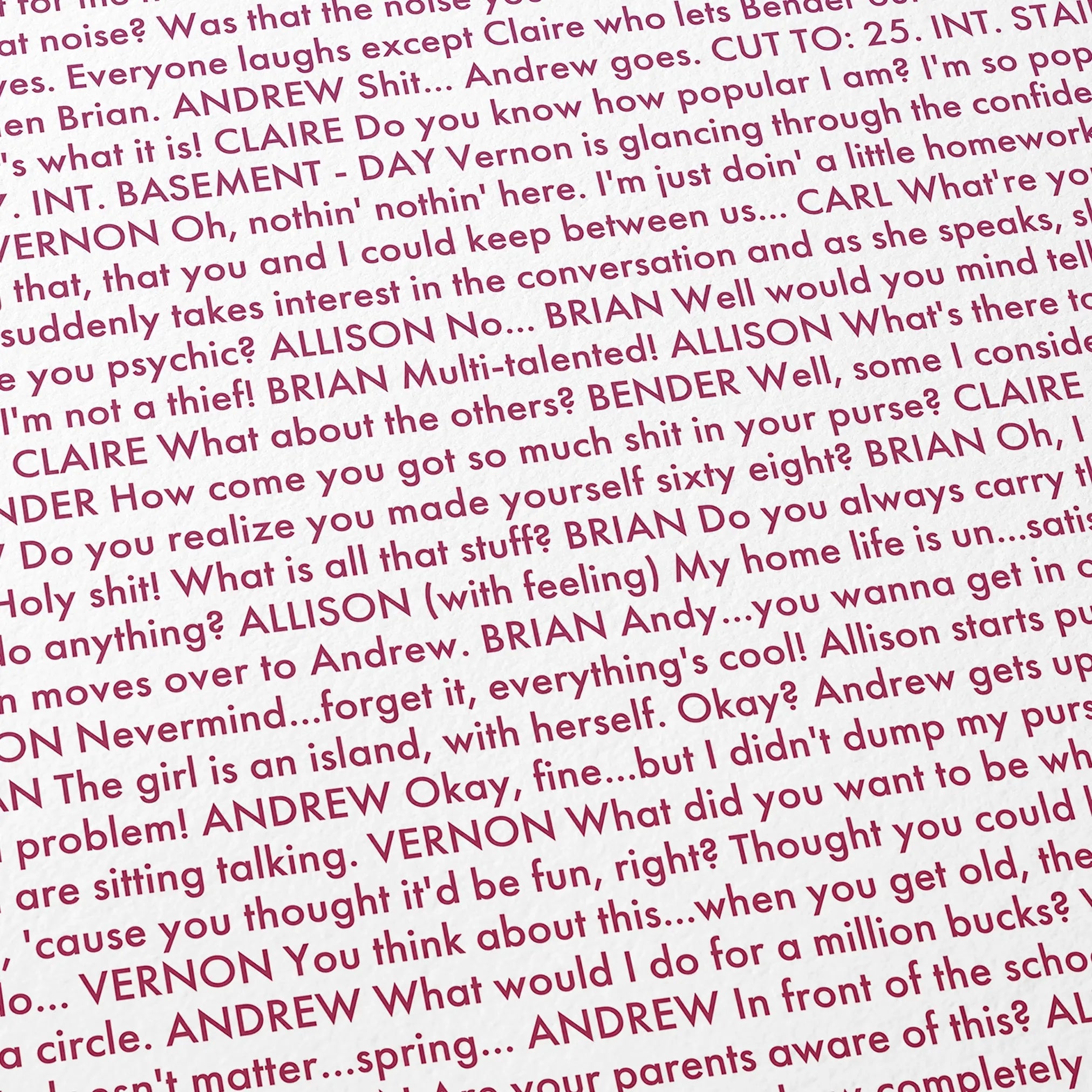 Close-up detail of the The Breakfast Club movie script poster showing dense typographic text.