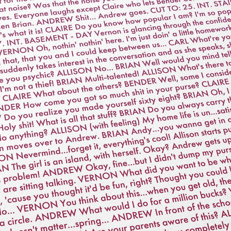 Close-up detail of the The Breakfast Club movie script poster showing dense typographic text.