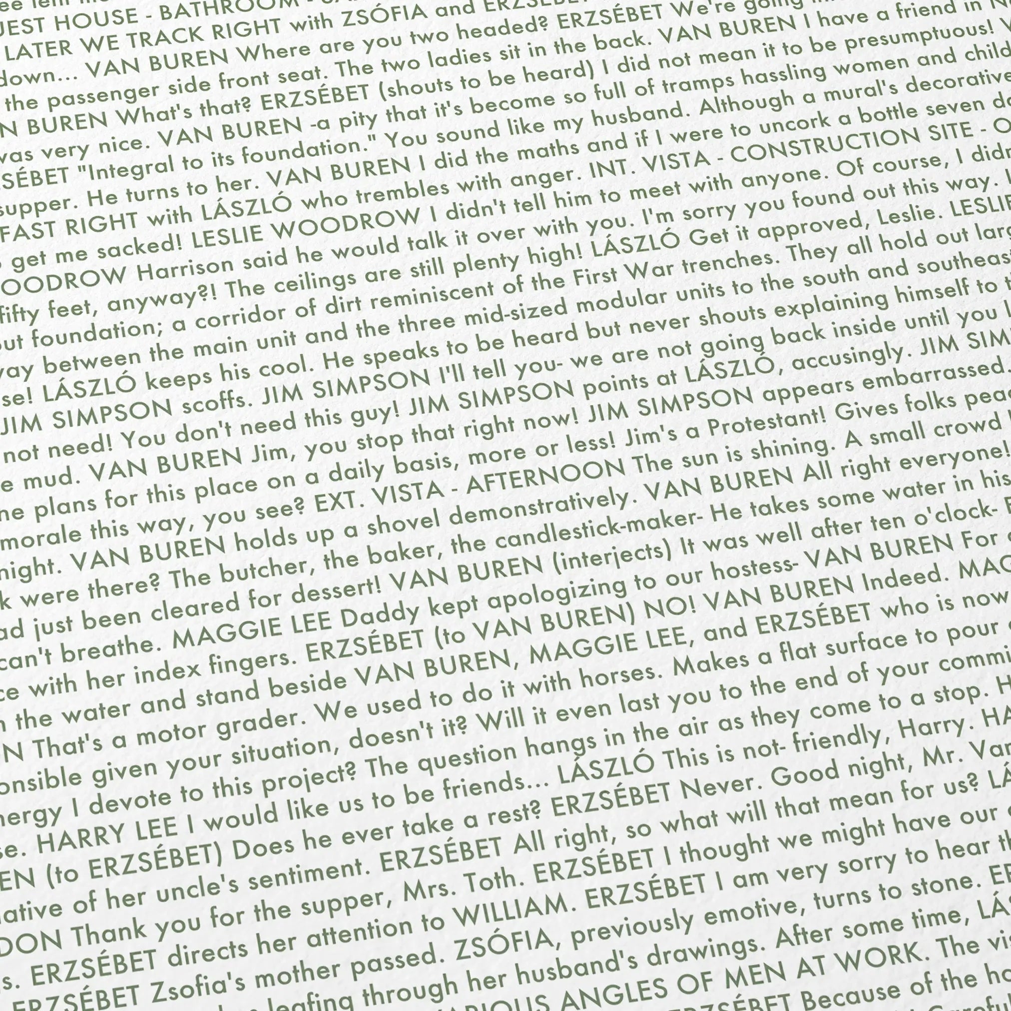 Close-up detail of the The Brutalist movie script poster showing dense typographic text.
