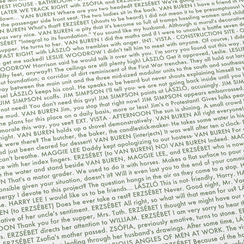Close-up detail of the The Brutalist movie script poster showing dense typographic text.