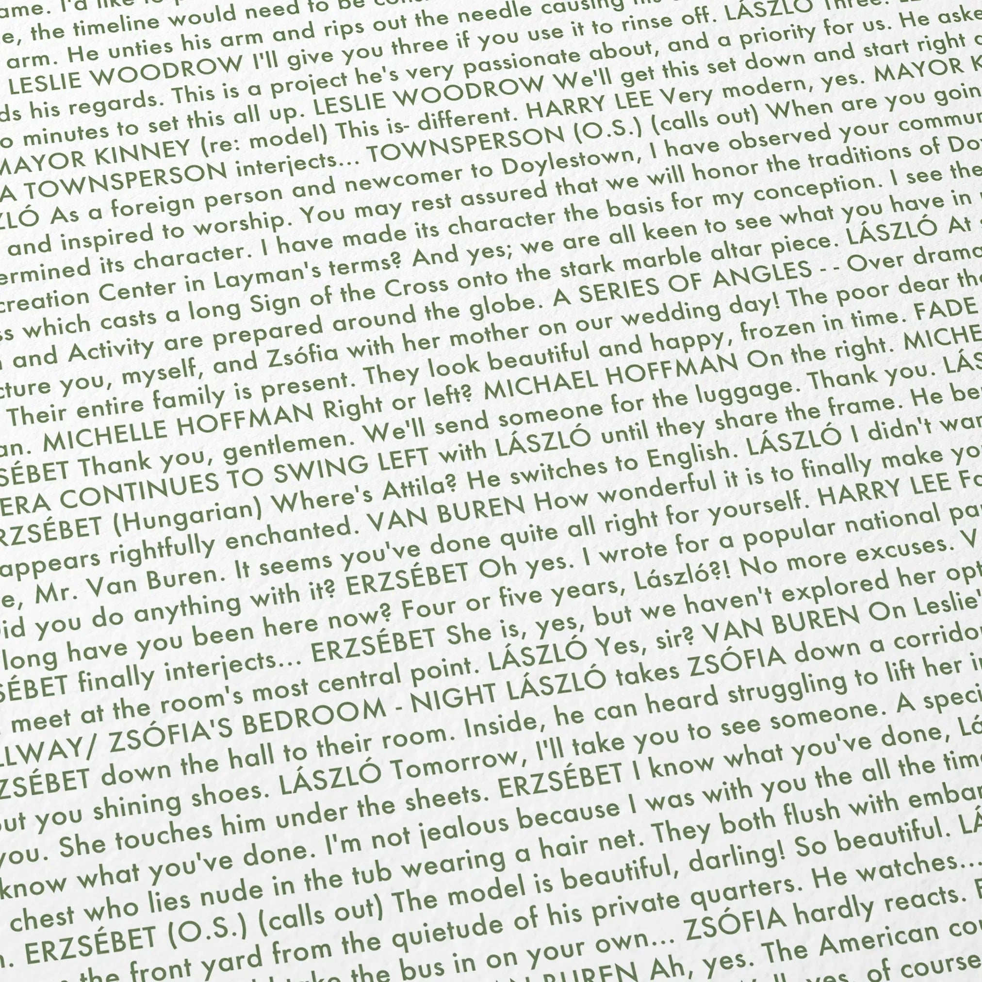 Close-up detail of the The Brutalist movie script poster showing dense typographic text.