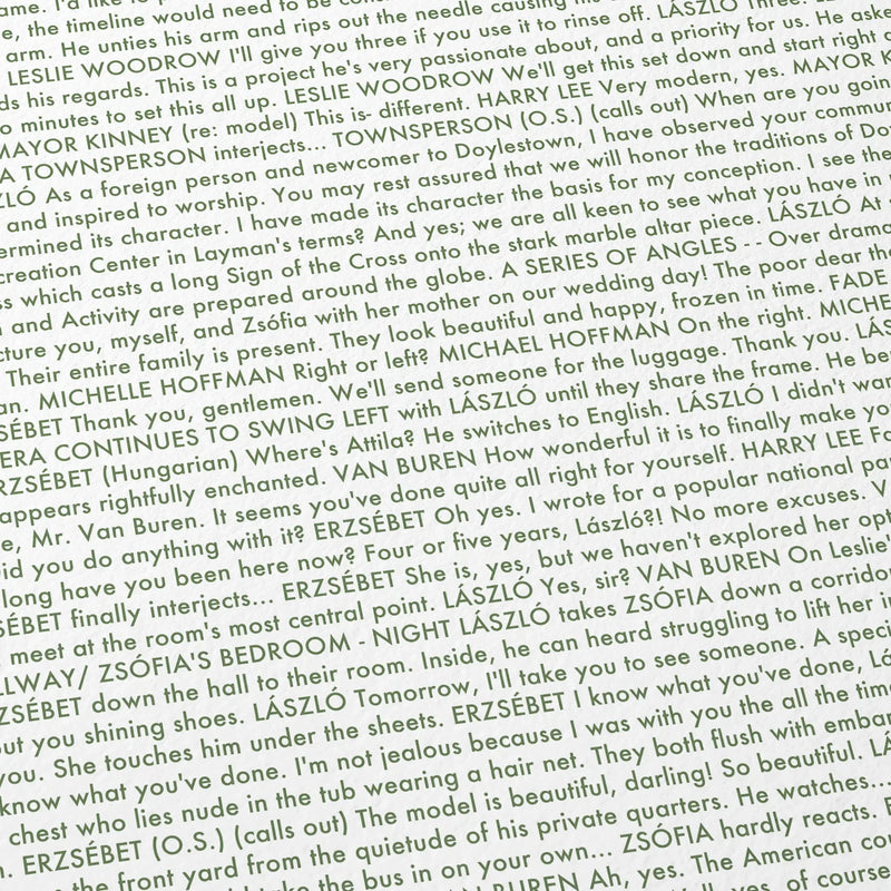 Close-up detail of the The Brutalist movie script poster showing dense typographic text.