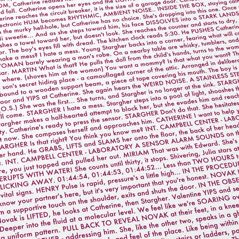 Close-up detail of the The Cell movie script poster showing dense typographic text.