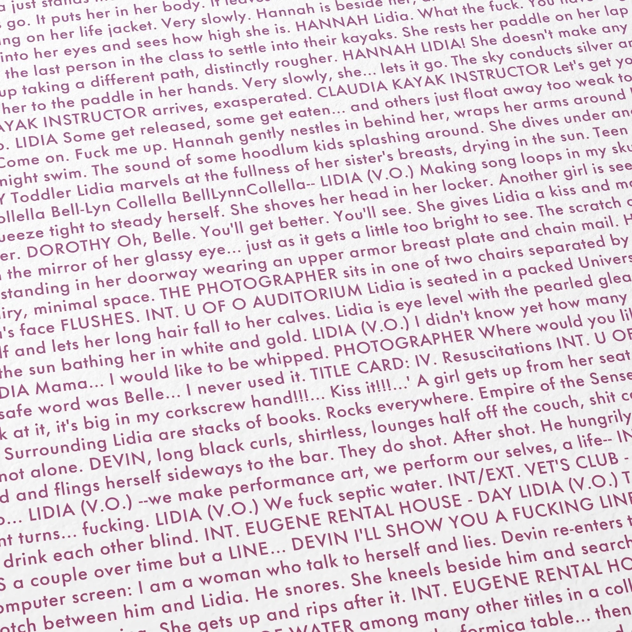 Close-up detail of the The Chronology of Water movie script poster showing dense typographic text.